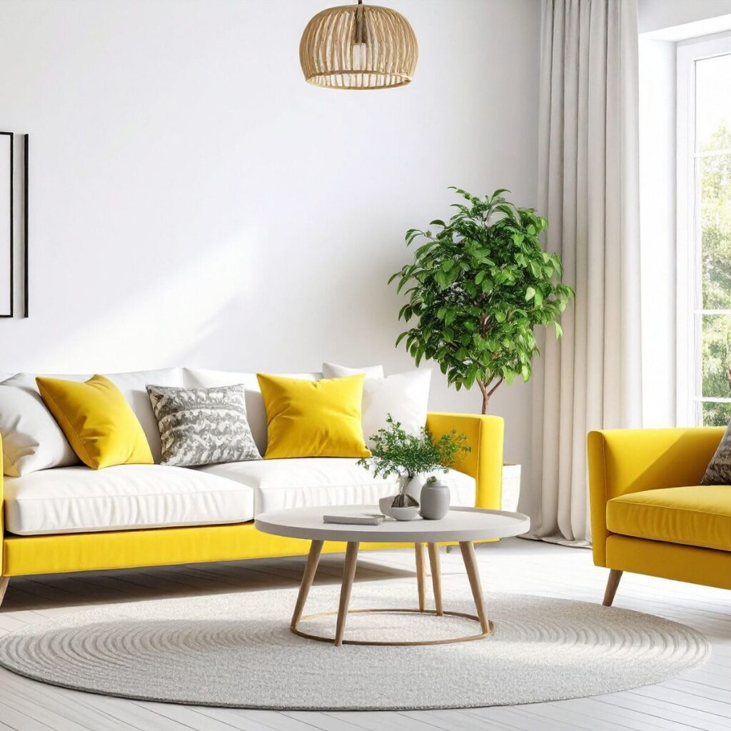 Bright yellow cushions and vases used as pops of summer colour.